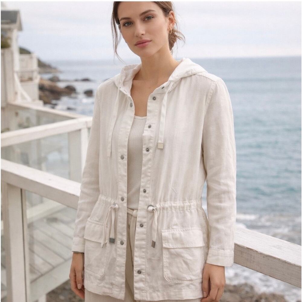 Rachel Roy 100% Linen Hooded Anorak Utility Jacket S Coastal Minimalist Resort